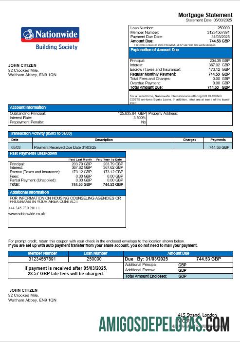 Extrato de hipoteca bancária nacional do Reino Unido em formatos Word e PDF modelo